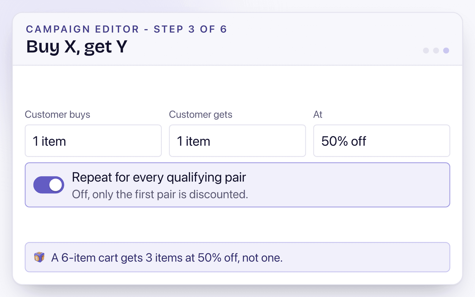 A buy one, get one at 50% off offer with the repeat toggle switched on, so a six-item cart discounts three items rather than one.