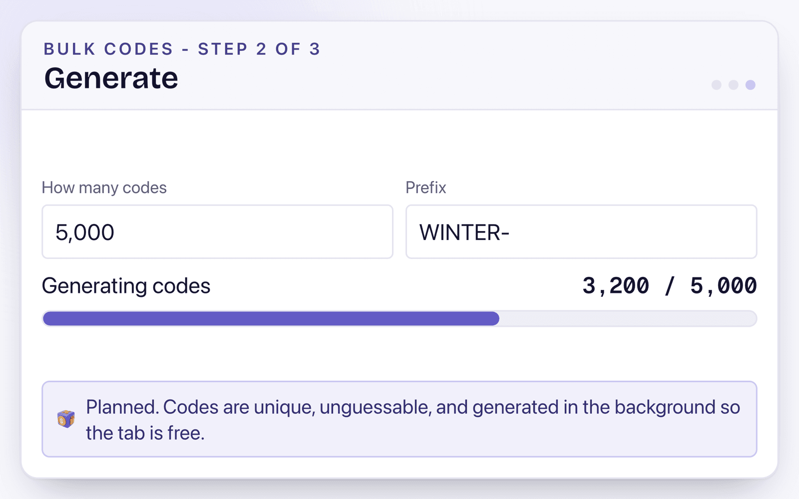The batch generator producing 5,000 codes with the prefix WINTER-, showing 3,200 of 5,000 generated.