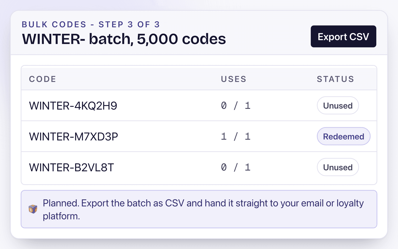 The code batch list: three WINTER- codes with their use counts and unused or redeemed status, above a CSV export action.