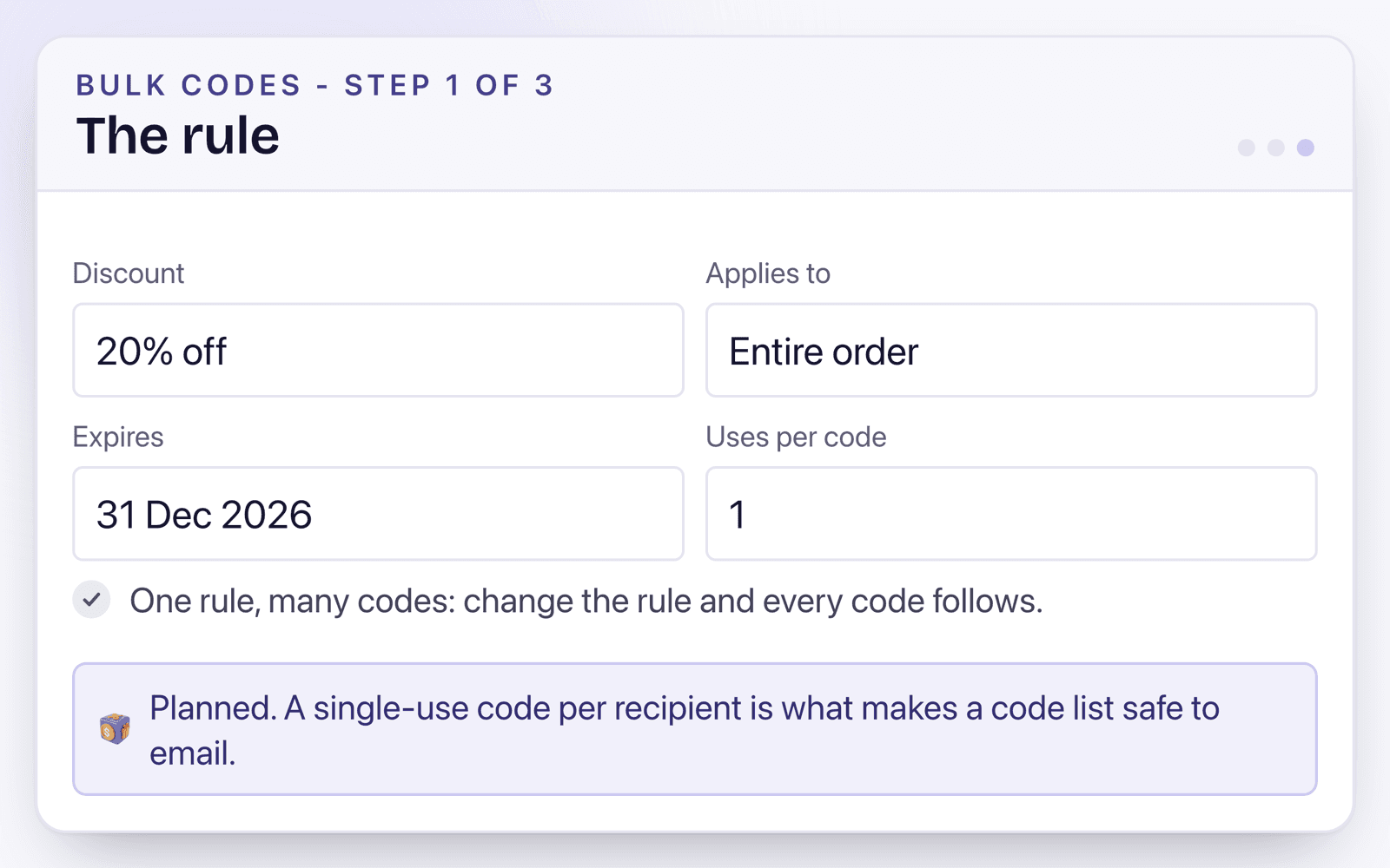The bulk code rule form: 20% off the entire order, expiring 31 December 2026, with one use per code.