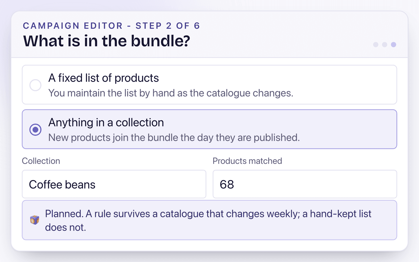 The bundle scope step: a collection rule matching 68 coffee products, chosen instead of a hand-kept list.