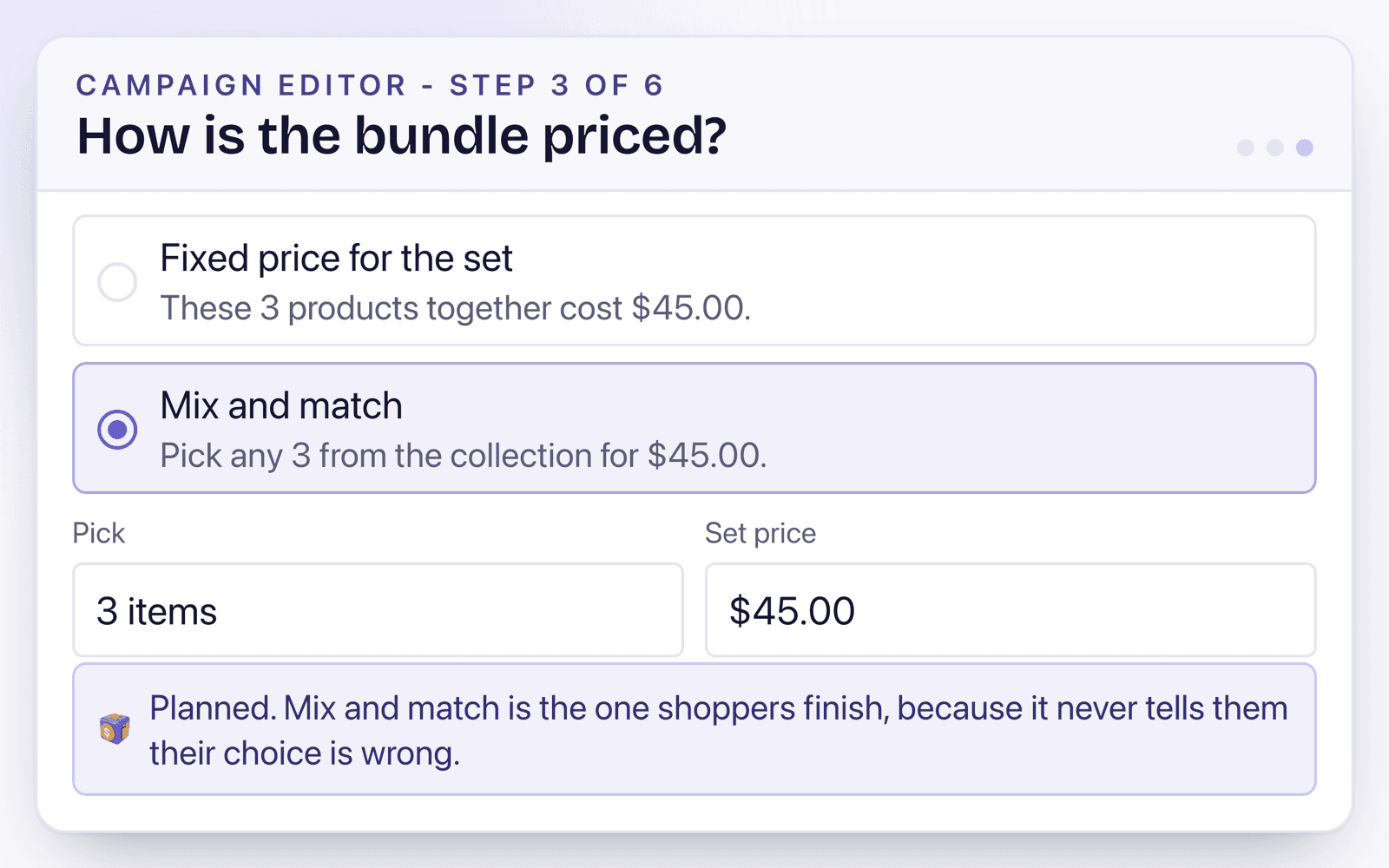The bundle pricing step with mix and match selected: pick any 3 items from the collection for $45.00.