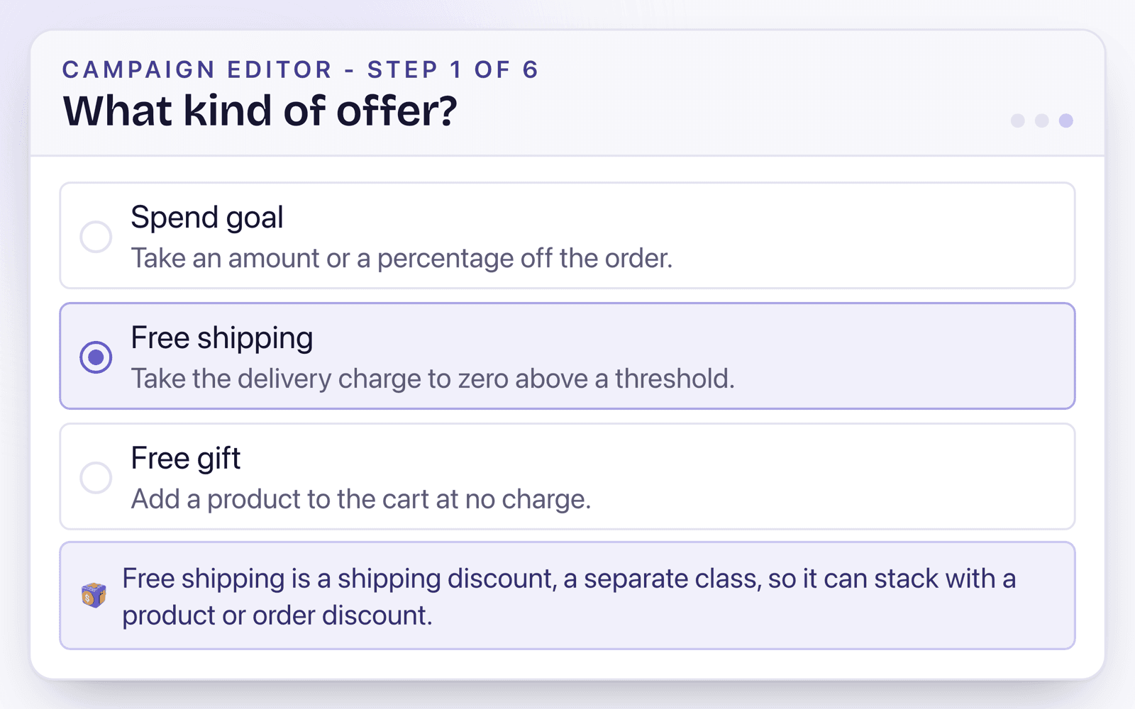 The offer type step with Free shipping selected, noted as a shipping-class discount that can stack with a product or order discount.