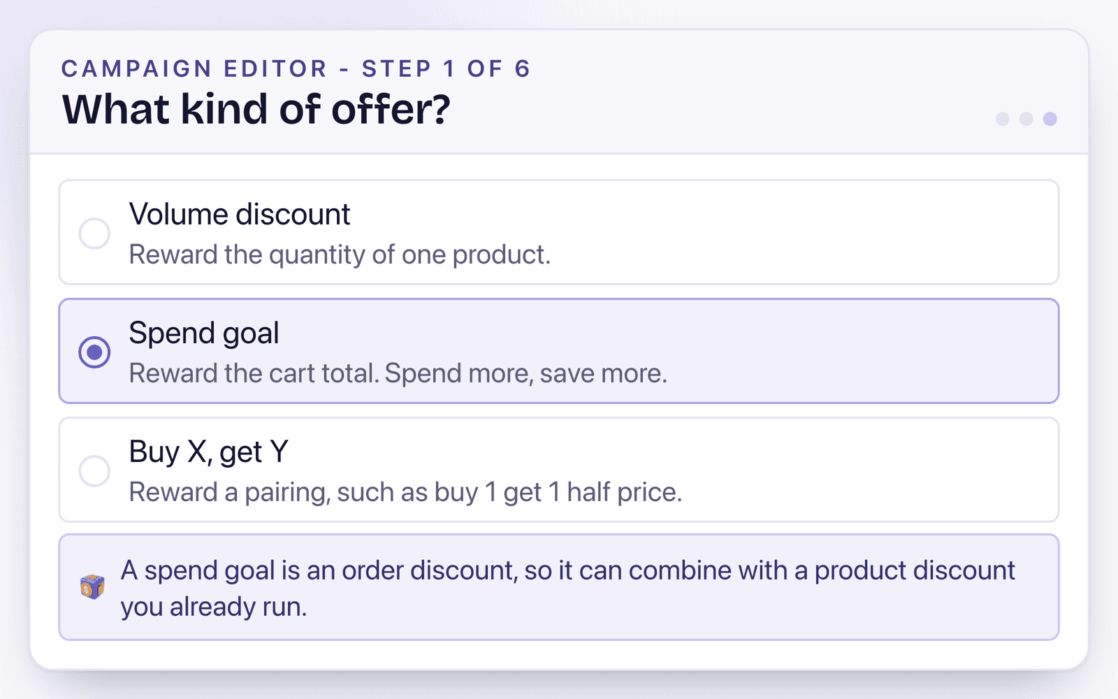 The offer type step with Spend goal selected, described as rewarding the cart total rather than the quantity of one product.