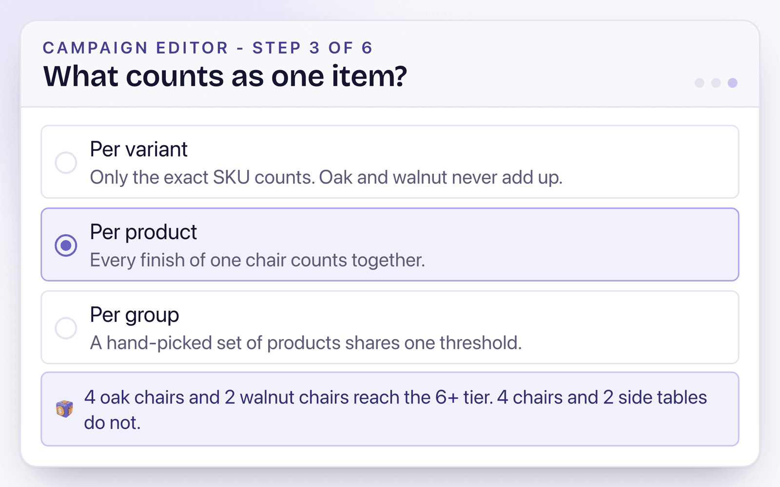 The counting step offering per variant, per product and per group; per product is selected, so every finish of one chair counts toward the same tier.